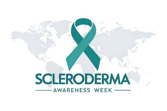 World scleroderma awareness week teal ribbon and global map graphic
