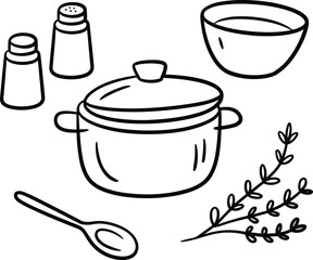 Obraz premium Hand Drawn Kitchen Utensils and Ingredients for Cooking on White Background Keywords: kitchen, cooking, food, ingredients, utensils, pot, saucepan, lid, spoon, salt