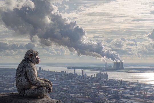 A pensive monkey sits, observing an industrial landscape with smoking factories under a cloudy sky