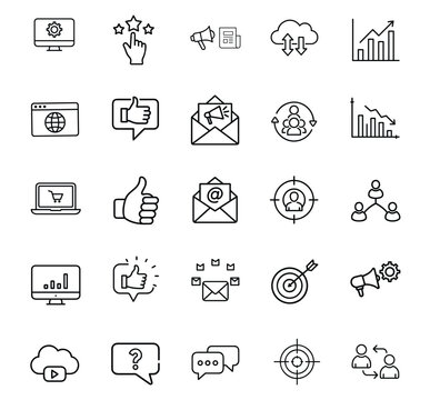 Online advertising SEO campaign business analytics web line icons set monitor gear hand rating megaphone cloud browser & more vector illustration with editable stroke