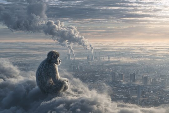 Pensive monkey on cloud watches smoggy city with industrial chimneys at dawn