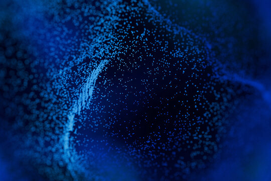 Abstract background of glowing dark blue digital particles forming waves and clusters, ideal for high-tech business, cyber security, network data, and futuristic designs.