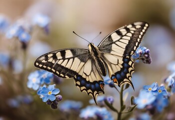 Fototapeta premium Colorful butterfly with patterned wings rests on delicate blue blossoms in soft focus