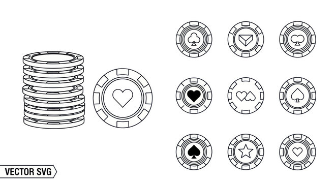 Poker chips stack and individual tokens with card suit symbols