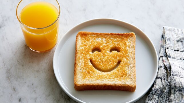 Toasted bread with a happy smiley face and a glass of orange juice on a white plate.