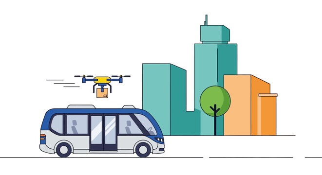 Drone delivery and autonomous shuttle bus in futuristic smart city