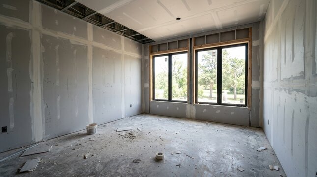 Unfinished room with drywall and large windows overlooking greenery