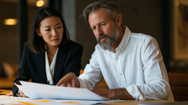 Executive and legal counsel seated at luxury boardroom table reviewing non-compete agreement pages with yellow sticky flags marking key clauses as attorney points to restrictive
