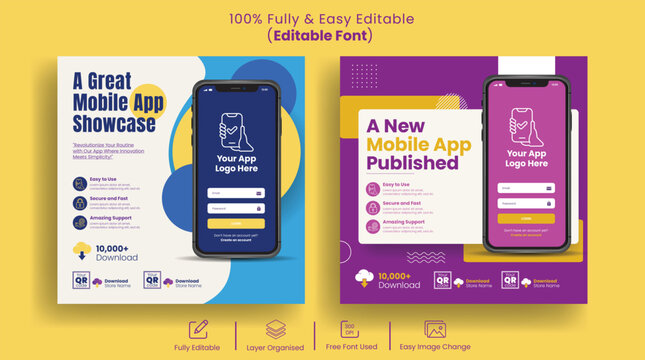 Mobile App Promotion Advertising Templates Set with 3D Smartphone Illustration, Software Marketing Banners, Digital Startup Launch Social Media Pack, Modern Tech Design Bundle