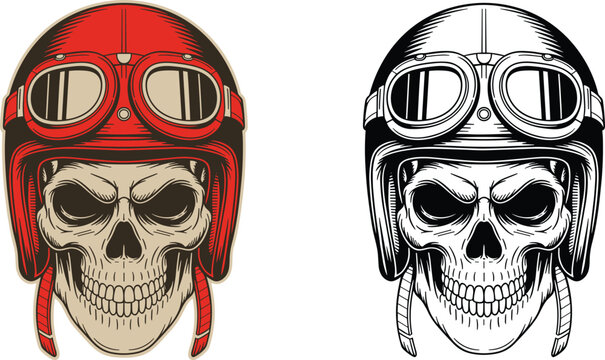 Skull wearing a red vintage motorcycle helmet and goggles in color and black and white Keywords: skull, helmet, goggles, motorcycle, biker, vintage, retro, rider, speed