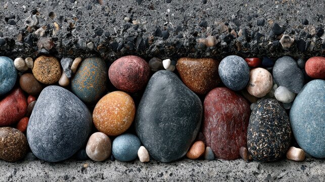 Colorful smooth pebbles arranged in a horizontal line on a textured sandy surface, showcasing various sizes, shapes, and patterns.