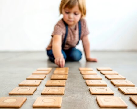 Play based learning concept. Young child playing a matching memory card game on the floor, focusing on concentration and learning.