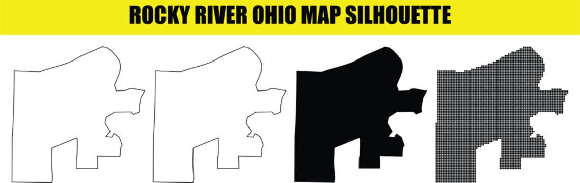 Rocky river ohio map outline silhouette set with four distinct graphic designs showing city borders on transparent background.