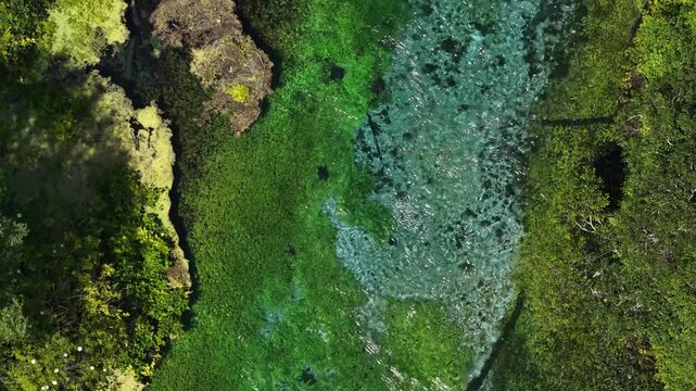 Aerial view of the Blue Eye spring featuring vibrant turquoise water and lush green vegetation in Finiq, Vlore County, Albania.