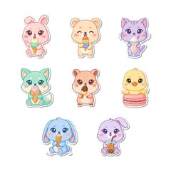 Fototapeta premium Set of cute cartoon animals eating sweet treats isolated on white background