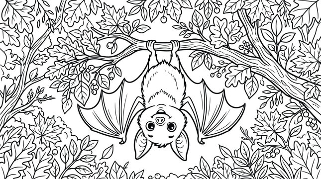 Cute bat hanging upside down coloring page for kids and adults detailed line art
