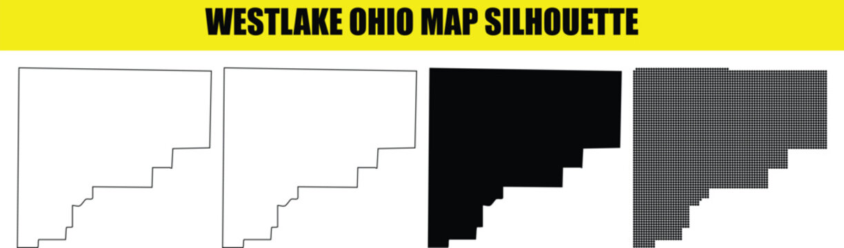 Westlake ohio map outline silhouette set with four distinct graphic designs showing city borders on transparent background.