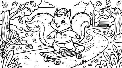 Squirrel skateboard coloring page fun activity book illustration for kids and toddlers © ABU