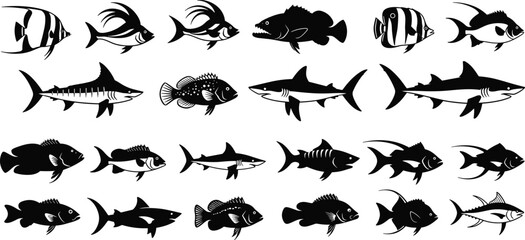 Collection of marine fish silhouettes vector illustration set, including tropical reef species sharks and aquatic wildlife icons isolated on white background for design © MstNur