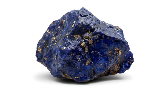 A large piece of lapis lazuli stone with gold flecks on a white background