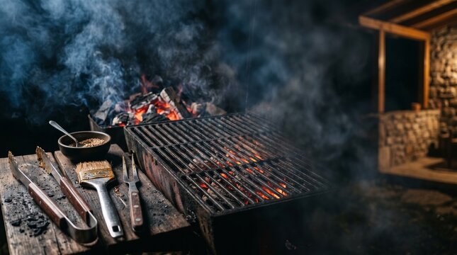 Grill with glowing charcoal and smoke at night with barbecue tools