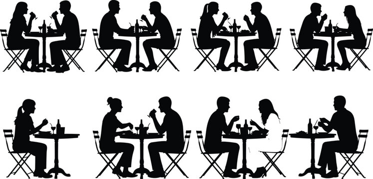 Couple dining silhouette collection, people eating at restaurant table set, romantic dinner conversation scenes, cafe date lifestyle vector illustration isolated