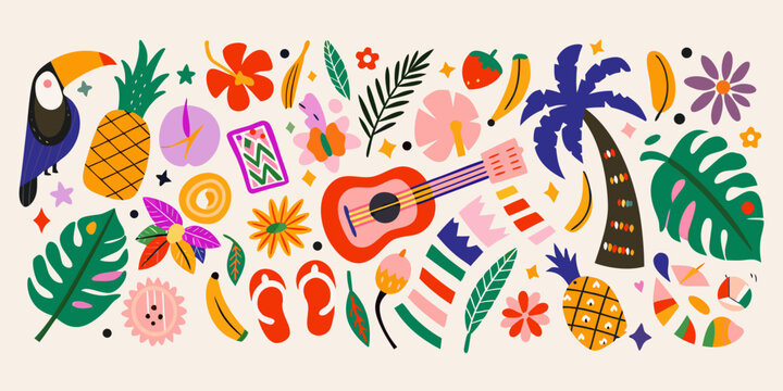 Tropical fruit and floral arrangement vector illustration with vibrant colors