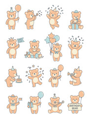 Fototapeta premium Cute Teddy Bear Birthday Party Celebration Vector Sticker Set