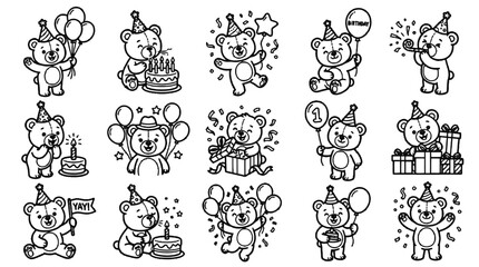 Fototapeta premium Set of cute teddy bear line art illustrations celebrating birthdays with cakes, gifts, and balloons on black background