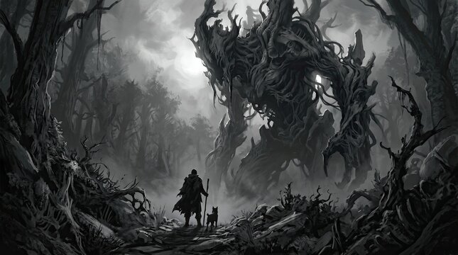 Halloween forest encounter dark fantasy illustration of traveler and monstrous tree spirit