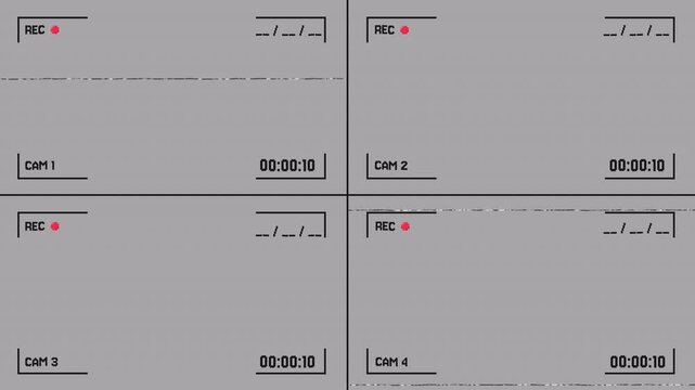 Cctv four screens frame overlay with glitch. Transparent Alpha Channel 4k