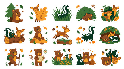 Fototapeta premium Autumn forest adventure sticker set with cute cartoon bear deer and skunk hiking exploring and camping.