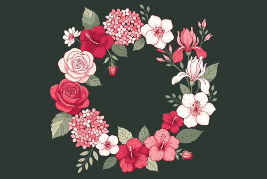 Stunning floral wreath of pink roses, red hibiscus, and white magnolias on a dark hunter green background.