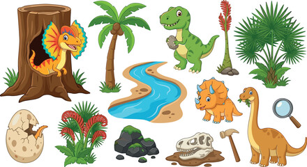Cute Cartoon Prehistoric Dinosaur Vector Set with Tyrannosaurus, Triceratops, Brachiosaurus, Egg, Fossil, Palm Trees, and Explorer Tools for Kids Design © Siddika