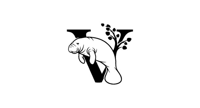 Manatee illustration with floral design in letter V shape.