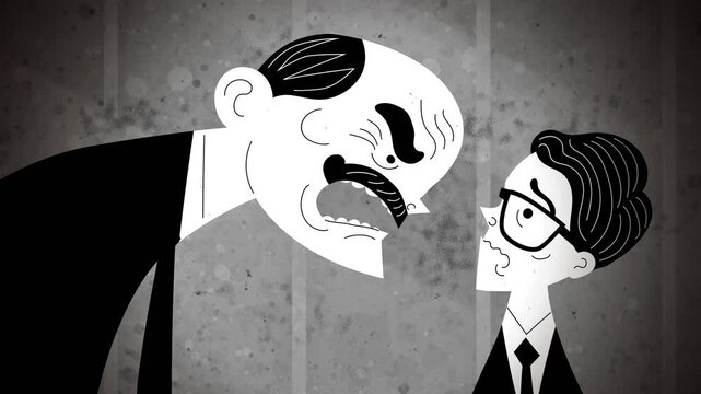 vintage boss yelling at an employee in black and white