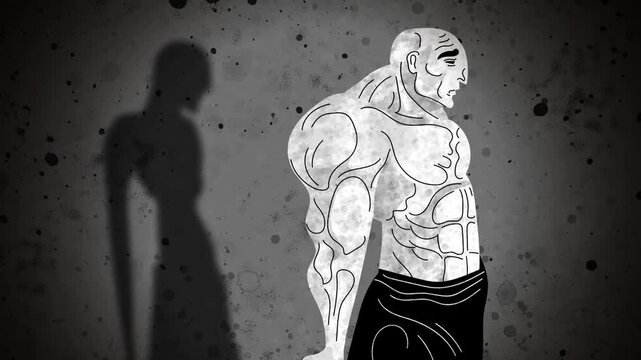 muscular bodybuilder with vigorexia casting the shadow of a thin man