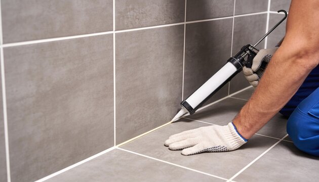 A worker is carefully applying sealant with a caulking gun to the joint between floor and wall tiles.