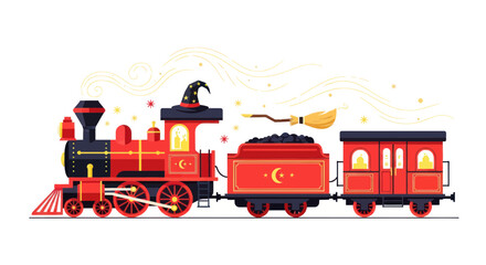Red magic express steam locomotive with wizard hat and broom © ulume