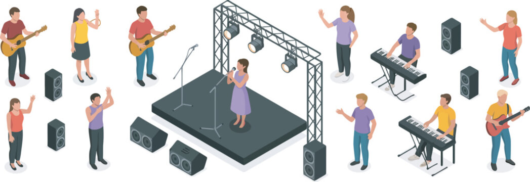Isometric musicians, audience, stage, and sound equipment for a live music concert, detailed vector illustration featuring performers, cheering crowd, speakers, lighting rigs, instruments, 
