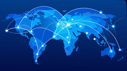 World Map Illustration With Connecting Lines And Bright Blue Tones © Sampad