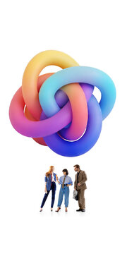 Business team analyzing complex colorful intertwined knot. Concept of organizational complexity, change management, corporate restructuring, risk analysis and strategic problem solving.