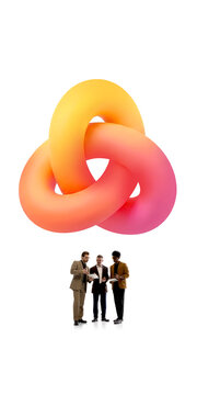 Business team collaborating beneath colorful intertwined loops. Concept of strategic partnership, stakeholder cooperation, corporate governance, team integration and organizational unity.