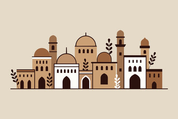 Fototapeta premium Peaceful modern minimalist city skyline illustration with domes mosques and botanical elements in warm brown tones.