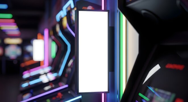 Blank white screen on an arcade game machine, with colorful neon lights in the background, offering space for advertising or game display.