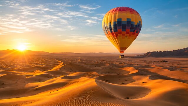 High-resolution scenic travel photo capturing a colorful hot air balloon drifting over vast desert sand dunes. Professional digital image ideal for adventure and tourism marketing.
