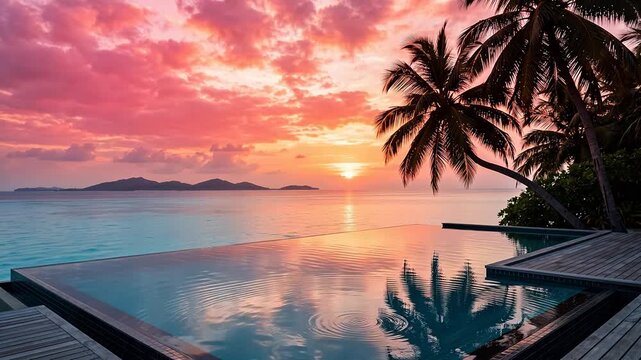 Tropical luxury infinity pool and lagoon at vivid pink sunset with palm trees, distant islands and shimmering reflections &mdash; seamless looping chillout summer background
