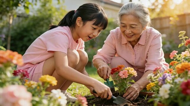 Grandmother and Granddaughter Planting Flowers Together in Garden