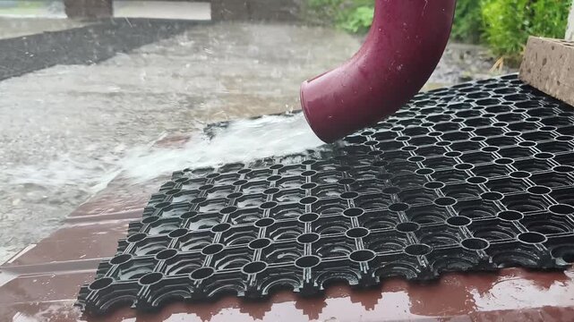 Heavy rain pours from the drainpipe