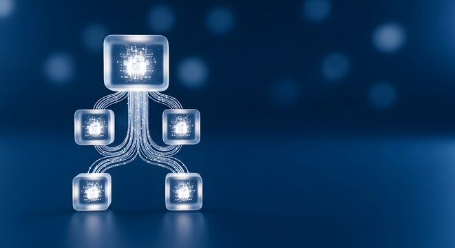 Abstract illustration of interconnected glowing cubes representing data flow and network communication in a digital environment.